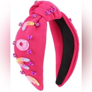 Pink Top Knot Headband w Love Lettering & red heart rhinestones Valentines Day